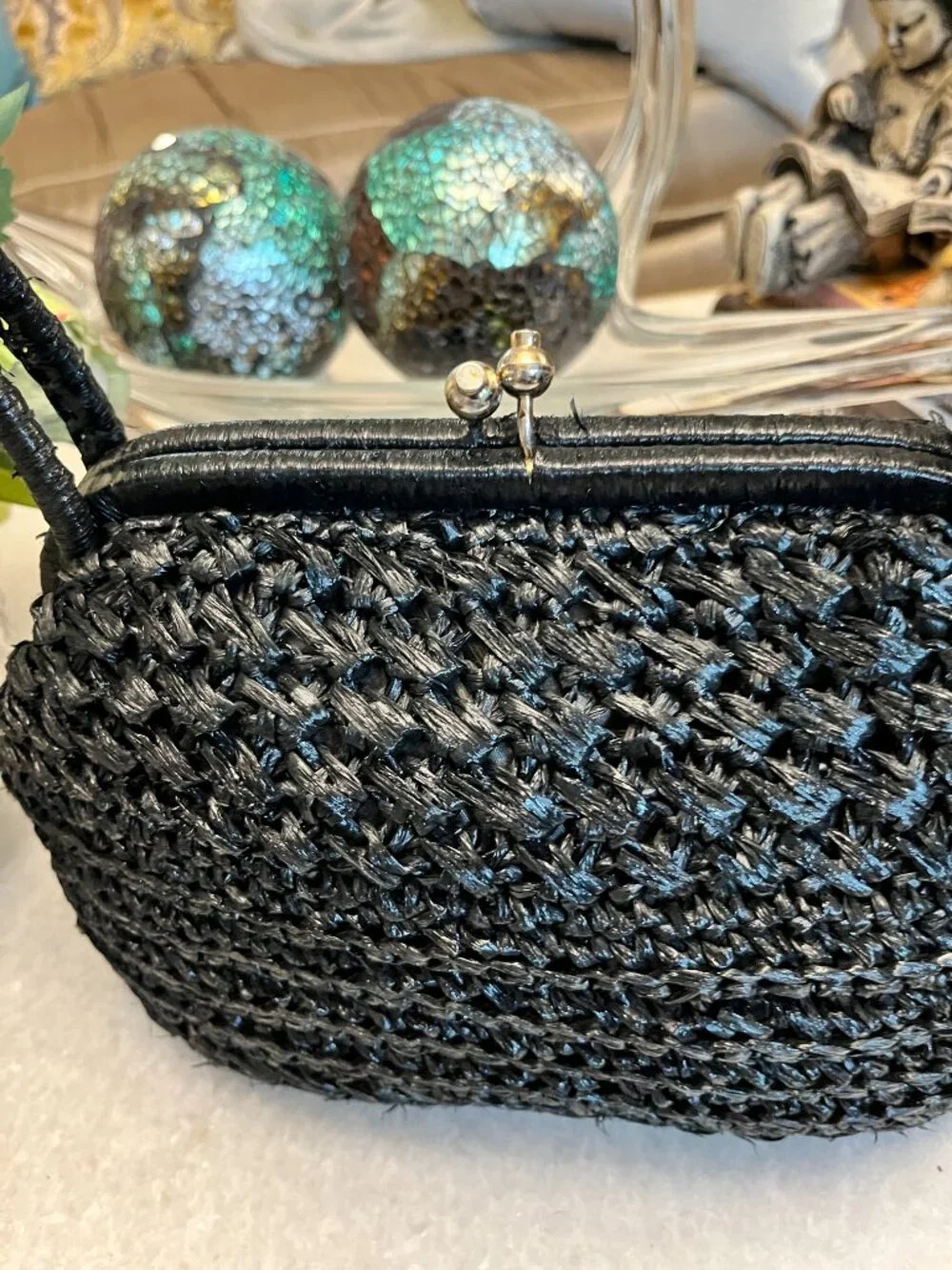 Vintage 1950s Black Raffia Straw Handbag - Picture 4 of 5